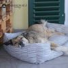 Hund entspannt im selbstgenähten Hundesofa Hundebett Alma Schnittmuster